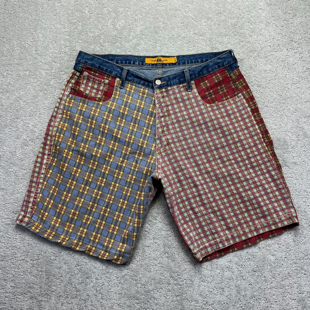 VINTAGE Quiksilver QSD Denim Shorts Mens Size 38 Plaid Colorblock Surf Skate Y2k
